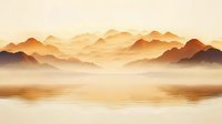 Tranquil mountain landscape with layered peaks reflecting in calm water at sunrise, creating serene misty atmosphere in warm orange and golden tones.