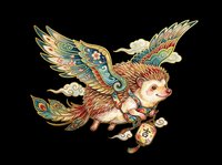 Ornate flying hedgehog with decorative wings and golden lantern charm, isolated on transparent background. Ready for t-shirt design, clipart, stickers, sublimation, and print-on-demand products.