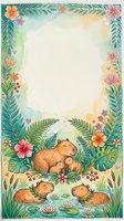 Tropical watercolor frame with capybara family in jungle pond surrounded by hibiscus flowers and palm leaves for greeting cards and invitations.