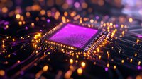 Glowing microprocessor on circuit board with purple and orange bokeh lights creating futuristic technology atmosphere. Modern computing concept for tech designs.