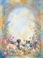 Watercolor floral frame with cute dogs and puppies in garden setting. Decorative border with flowers, butterflies and ornate arch design for greeting cards.