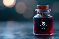 Glass bottle with red liquid and skull crossbones symbol against blurred bokeh background, dramatic lighting creates mysterious atmosphere for Halloween or warning concept.