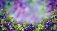 Watercolor grape vine border with purple and green clusters, leaves and tendrils on colorful background for wine, harvest and autumn themed designs.