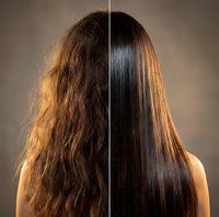 Hair care transformation showing damaged frizzy hair versus smooth straight healthy hair split comparison for beauty salon treatments.