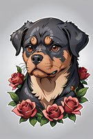 Rottweiler puppy portrait surrounded by pink roses, decorative art style with detailed shading and gradient background, isolated design for prints and merchandise.