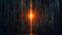 Glowing light beam piercing through dark wooden planks creating dramatic ray effect with orange and red illumination against rustic background.