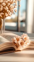 Open book with delicate peach blossoms resting on pages, bathed in warm sunlight. Soft focus background with dried flowers in vase creates romantic reading atmosphere.