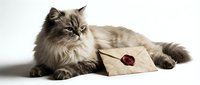 Fluffy long-haired cat lying next to vintage envelope with wax seal on white background, perfect for greeting cards, invitations and communication concepts.