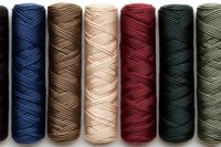 Colorful cotton yarn spools arranged in row showing range of natural earth tones from navy blue to olive green, macro photography on white background.