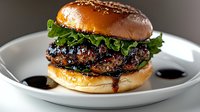 Juicy grilled beef burger with fresh lettuce and balsamic glaze on brioche bun served on white plate against dark background, close up view of gourmet hamburger.