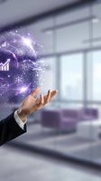 Businessman hand holding glowing purple digital globe with business icons and data analytics symbols in modern office environment for corporate technology concepts.