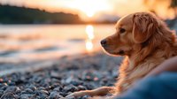 Golden retriever dog resting on pebble beach at sunset, warm orange sunlight reflecting on water, peaceful serene moment captured in profile view.