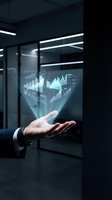 Businessman holding holographic financial data with charts and graphs in modern office environment for business analytics and technology concepts.