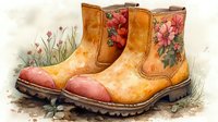 Watercolor garden boots with floral pattern, yellow leather with pink toe caps and wildflower decorations, standing among grass and blooming flowers on rustic ground.
