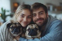 Young Caucasian couple smiling while cuddling with two adorable pug dogs at home. Cozy lifestyle portrait showing warmth and companionship between pet owners and their furry friends.