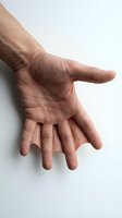 Open palm of adult male hand with medium skin tone against white background, gesture conveying offering, giving, or receiving for business and healthcare concepts.