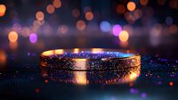 Glowing golden ring with sparkling crystals on dark background with colorful bokeh lights creating magical atmosphere for luxury jewelry advertising.