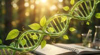 Green DNA double helix with leaves symbolizing natural genetics, biotechnology and eco-friendly science research in warm sunlight for educational content.