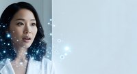 Asian woman with dark hair wearing white shirt, surrounded by glowing digital particles and light effects, representing technology, innovation, and digital transformation for business concepts.