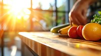 Fresh vegetables and fruits on wooden cutting board in sunlit kitchen, warm morning light streaming through window creates cozy cooking atmosphere.