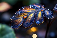 Monarch butterfly wing with morning dew drops creating magical bokeh effect in natural garden setting for nature photography and wildlife concepts.
