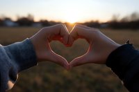 Hands forming heart shape against golden sunset in open field. Romantic gesture symbolizing love, connection and togetherness in natural outdoor setting.