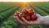 Fresh ripe red tomatoes in farmer hand at sunset over agricultural field rows. Organic vegetable harvest concept for healthy eating and farming.