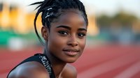 Young African American female athlete smiling confidently on running track, wearing black sports top with braided hairstyle, natural makeup, and glowing skin in warm sunset light.