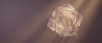 Transparent geometric crystal structure with warm light rays and particles floating in soft-focused background, suitable for abstract backgrounds, technology concepts, and digital design projects.