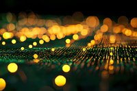 Abstract golden bokeh lights on dark background with glowing particles and digital wave pattern creating futuristic technology landscape effect.