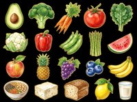 Colorful healthy food clipart set with fruits, vegetables, and grains isolated on transparent background. Great for nutrition charts, t-shirt design, stickers, and print on demand.