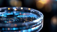 Glowing blue particles floating in petri dish with bokeh light effects against dark background, scientific research concept for biotechnology studies.