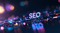 Glowing SEO text in neon blue and pink colors on dark background with digital grid lines and bokeh light effects for digital marketing and search optimization.