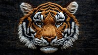 Fierce tiger head with intense blue eyes and detailed fur texture embroidered on dark denim background, showcasing intricate needlework and dimensional effect.