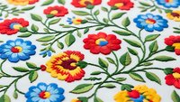 Colorful floral embroidery pattern with red blue yellow flowers and green leaves on white fabric background for traditional textile design projects.