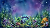 Enchanted forest floor with glowing mushrooms, ferns, and magical lights in purple, blue, and green tones, creating a whimsical woodland fantasy scene for creative projects.