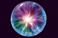 Glowing energy sphere with vibrant purple, blue and green colors radiating from bright center light burst against dark background with number 2026.