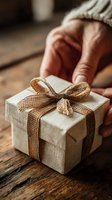 Elderly hand holding small linen gift box with burlap ribbon bow on rustic wooden table, perfect for holiday or birthday celebration.