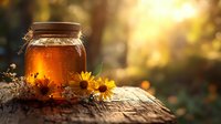 Glass jar filled with golden honey glowing in sunset light on rustic wooden surface, decorated with yellow wildflowers against blurred natural background.