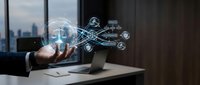 Business professional holding glowing digital globe with connected network icons in modern office environment showcasing global connectivity and technology.