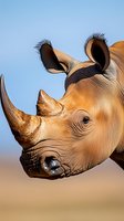 Majestic rhinoceros head profile showcasing detailed horn and textured skin against clear blue sky for wildlife conservation and nature photography projects.
