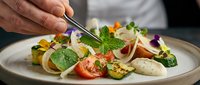 Gourmet plated salad with fresh vegetables, edible flowers, and microgreens arranged by chef hands. Fine dining presentation for restaurant menus and culinary content.