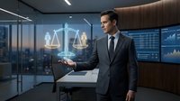 Professional businessman in suit presenting holographic justice scales in modern office with financial data displays for legal technology concepts.