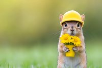 Adorable chipmunk wearing yellow construction helmet holds tiny yellow pot with dandelion flowers against soft green nature background.