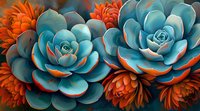 Vibrant turquoise succulent flowers with orange chrysanthemum blooms create dramatic contrast perfect for modern wall art, interior design, and creative projects. Perfect for luxury decor.