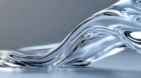 Flowing liquid mercury waves create dynamic metallic surface with smooth curves and reflective silver texture against light gray background.