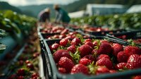 Fresh ripe strawberries in harvest crates at organic farm with workers picking berries in background. Agricultural produce ready for market distribution.