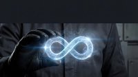 Businessman in dark suit holding glowing infinity symbol, representing endless possibilities, continuous growth, and sustainable business concepts for corporate and technology applications.