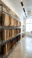 Professional hair extension salon interior with blonde human hair pieces displayed on industrial metal racks against rustic wood wall in modern beauty studio.
