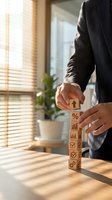 Professional businessman stacking wooden blocks with business icons showing growth strategy and success metrics in modern office environment.